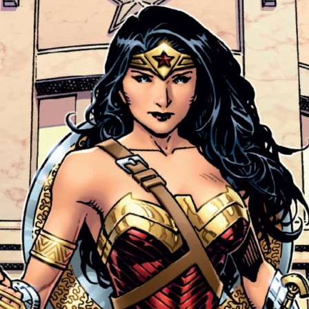 Die Superhelding Wonder Woman auf einer britischen Briefmarke. Sie hat schwarze lange Haare, ist sehr sexy und hält ein goldenes Lasso in der Hand.
