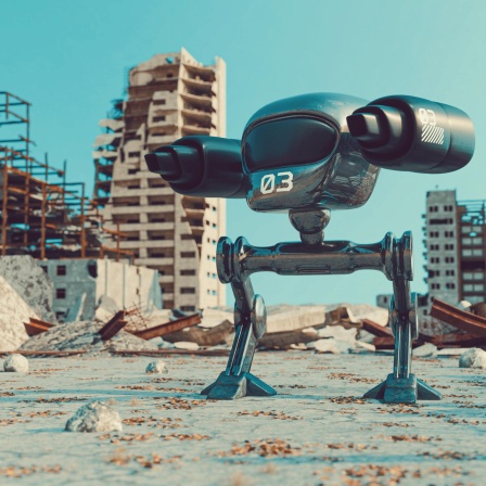 Ein futuristischer Kriegsroboter mit Waffen steht mitten in einer zerstörten Stadt.