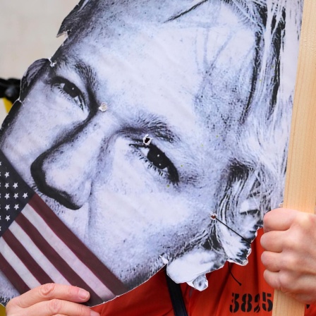 Demonstranten halten eine Maske mit dem Gesicht von Julian Assange