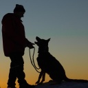 Ein Mann mit Hund im Schnee bei Sonnenuntergang.