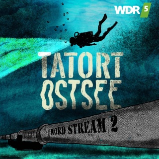 Die Grafik des WDR5 Tiefenblick "Tatort Ostsee" zeigt einen Taucher unter Wasser der entlang der Nord Stream Pipeline schwimmt. 