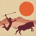 Zeichnung: Mann mit Speer auf Büffeljagd