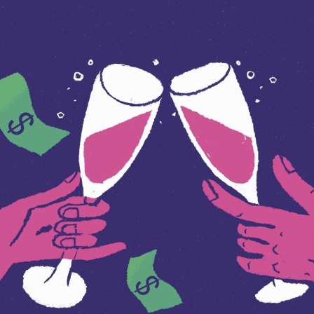 Illustration: Hände eines wohlhabenden Paares stoßen mit Sektgläsern an, um sie herum wirbeln Dollarscheine.