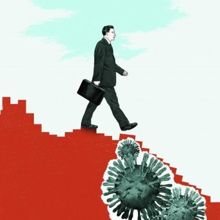 Eine Illustration zeigt einen Geschäftsmann mit Aktentasche der über rote Balken auf stilisierten Corona-Viren läuft.