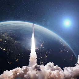 Rakete startet mit Rauch und Explosion, im Hintergrund der blaue Planet Erde mit Sonnenuntergang. Fotomontage.