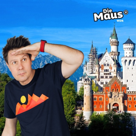 Fotomontage: Auf dem Bild steht ein Mann mit suchendem Blick und erhobener Hand vor dem Schloss Neuschwanstein in einer bergigen Landschaft.