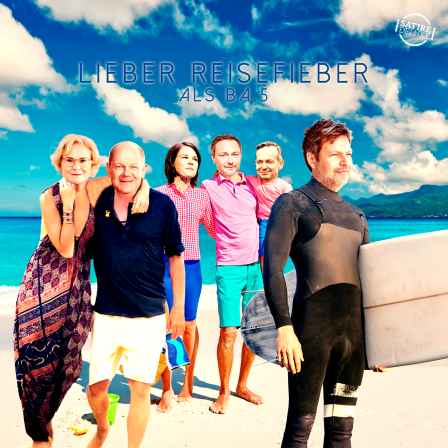Bildmontage: Gruppenfoto der Ampel-Politiker am Strand, teilweise mit Surfbrett