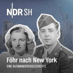 Das Bild zeigt ein Paar aus den 1940er Jahren, eine Frau und einen Soldaten vor der Skyline von New York und der Freiheitsstatue, im nostalgischen Stil.