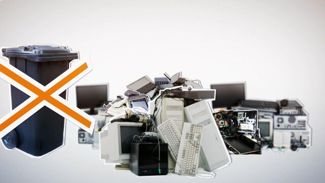 Grafik - ein Haufen Elektroschrott - danembe eine Mülltonne, die mit einem "X"durchgestrichen ist | Bild: Bayerischer Rundfunk 2021
