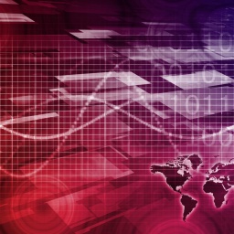 Eine Kollage aus grafischen Elementen und einer Weltkarte soll eine computerisierte, digitale Welt symbolisieren