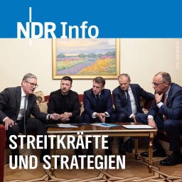 Der Premierminister von Großbritannien, Keir Starmer, der Präsident der Ukraine, Wolodymyr Selenskyj, Frankreichs Präsident Emmanuel Macron, der Ministerpräsident von Polen, Donald Tusk, und Bundeskanzler Friedrich Merz sitzen im Präsidentenpalast in Kiew zusammen an einem Tisch und warten auf den Anruf von US-Präsident Donald Trump.