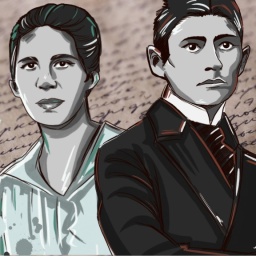 Eine Illustration von Franz Kafka und seiner Verlobten Felice Bauer. Im Hintergrund eine beschriebene Briefseite.