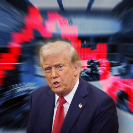 Fotomontage: US-Präsident Donald Trump vor einer Abbildung von abfallenden Börsenkursen auf einem Bildschirm.
