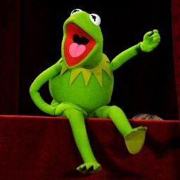 Die Froschpuppe Kermit sitzt auf einer Bühne und scheint laut zu einem großen Publlikum zu sprechen. 