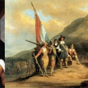 Collage: Ein Gemälde, das ein Porträt Jan van Riebeecks zeigt und eines, das Jan van Riebeecks Landung am Kap der Guten Hoffnung zeigt.