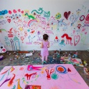 Ein junges Mädchen steht in einem Zimmer vor einer über und über mit bunten Motiven bemalten Wand. Die Frage, was gute Erziehung ausmacht, bleibt für's Erste noch offen.