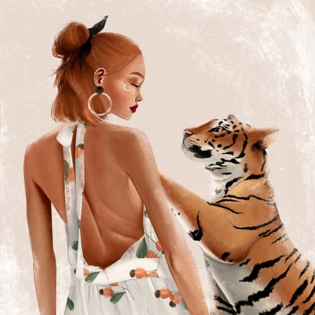 Illustration: Eine Frau und ein Tiger schauen sich in die Augen.