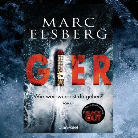Collage: Meeresbrandung + Buchcover Marc Elsberg Gier © imago/Niciii /Photocase/blanvalet verlag