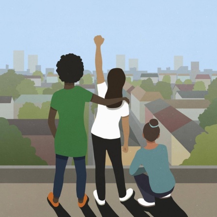 Illustration dreier Mädchen, die von einem Dach aus über die Stadt blicken und eine Faust in die Höhe recken.
