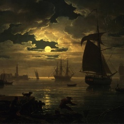Gemälde eines italienischen Hafens bei Nacht. 