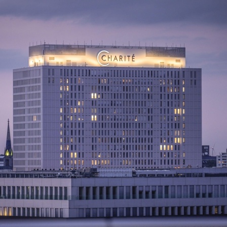 Das Bettenhaus der Charité in Berlin im Abendlicht