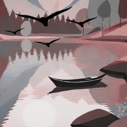 Das Bild oben zeigt ein einsames Fischerboot. Es treibt auf einem See, darüber fliegen Vögel.