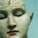 Eine historische, weibliche Puppe mit einer offenen Schädeldecke, die den Blick auf das Modell des menschlichen Gehirns darbietet.