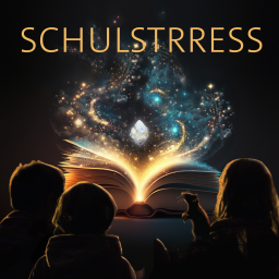 Drei Kinder und eine Ratte sitzen vor einem leuchtenden Buch –  darüber das Wort „Schulstress“