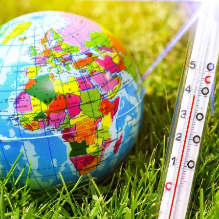 Fieberthermometer im Boden und nebendran eine Erdkugel