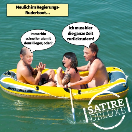 Satirische Fotomontage. Olaf Scholz, Annalena Baerbock und Christian Lindner sitzen in einem aufblasbaren Ruderboot