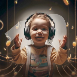 Kleines Kind mit Kopfhörern vor einem abstrakten Hintergrund, als Wasserzeichen die Zahl Zehn.