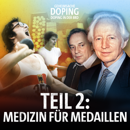 Mehrere Athleten, zwei Mediziner und ein voller Medikamentenkoffer. Darauf steht "Teil 2: Medizin für Medaillen"