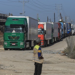 Stunden nach Beginn der viertägigen Waffenruhe zwischen Israel und islamistischen Hamas fahren Lastwagen mit humanitärer Hilfe, Treibstoff und Gas über den Grenzübergang Rafah nach Ägypten in den Gazastreifen ein.