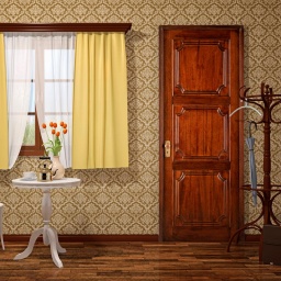 Ein Raum mit Holztür, Garderobenständer und Blumen auf einem Beistelltisch vor dem Fenster. 