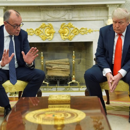 Friedrich Merz spricht mit Donald Trump im Weissen Haus.