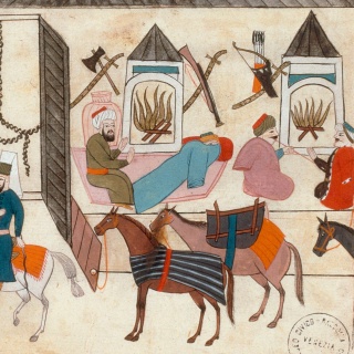 Karawanserei (türkische Miniatur aus dem 16. Jahrhundert)