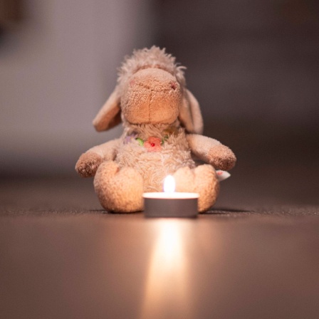 Ein trauriges Kuscheltier sitzt vor einer brennenden Kerze