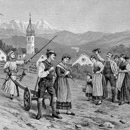 Hochzeitsbräuche in Österreich, Steiermark, gemeinsames Ackerpflügen des Brautpaares, historische Illustration aus dem Jahr 1880