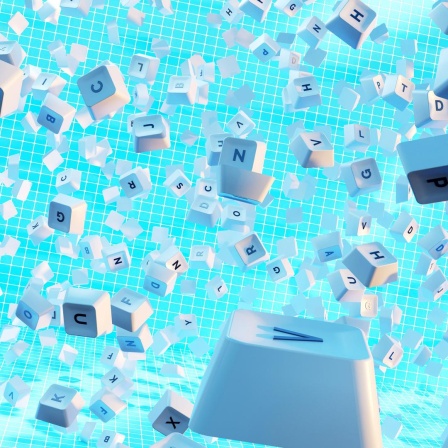 Illustration einer auseinanderfliegenden Tastatur. Einzelne Tasten sind erkennbar. Der Hintergrund ist blau.