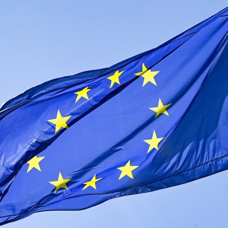 Die EU-Flagge weht vor blauem Himmel im Wind
