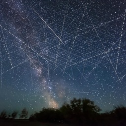 Ein mit Satelliten gefüllten Himmel in einer Sommernacht, in einer Langzeitbelichtung über einen Zeitraum von 30 Minuten aufgenommen. Viele der parallelen Streifen, die horizontal verlaufen, können von SpaceX Starlinks stammen.
