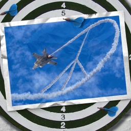 Eine Bildmontage zeigt einen Kampfjet, der ein Peace-Zeichen an den Himmel malt.