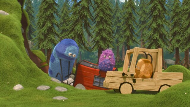 Folge 47: Strit und eine Wald-Kuh blicken erstaunt auf Kiwis Holz-Auto.