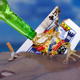 Brennende Spielkarte eines Kreuz-Königs steckt im Sand und wird mit einer Flüssigkeit aus einer grünen Flasche gelöscht - Symbolbild für den SWR Podcast "Based on a True Story – Die Könige von Malle"