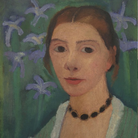 Paula Modersohn-Becker, Selbstporträt mit einem grünen Hintergrund und blaue Iris, ca. 1905