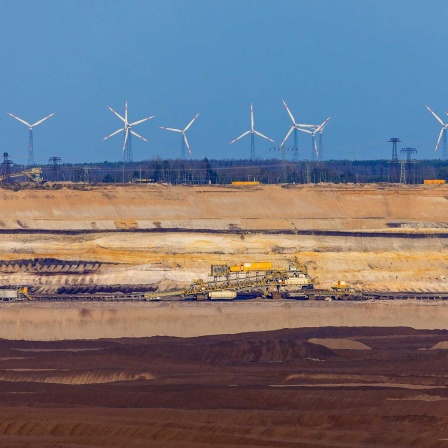 Tagebau Welzow im Abendlicht mit Windraedern am Tagebaurand (Bild: picture alliance / Andreas Franke)
