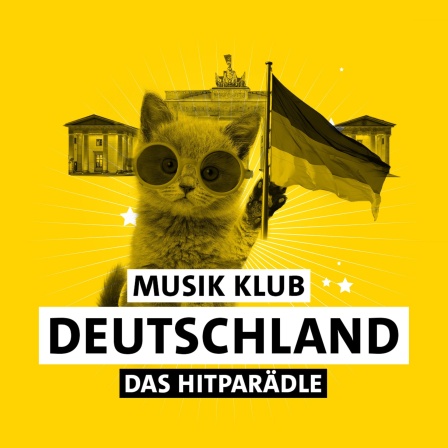 Die Zeichnung eines Kätzchens mit Brille, Brandenburger Tor und Deutschland-Flagge vor gelbem Hintergrund mit Schriftzug &#034;Musik Klub Deutschland - Das Hitparädle&#034;