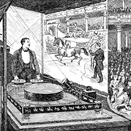 Historische Zeichnung aus dem 19. Jahrhundert, Kinovorführung mit einem Praxinoskop oder théâtre optique, von Charles-Émile Reynaud, 1844 - 1918, ein französischer Fotograf, Zeichner und Erfinder, um 1892