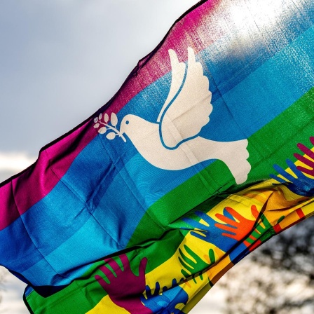 Hände in Regenbogenfarben und eine weiße Friedenstaube sind auf einer Regenbogenfahne bei der Demonstration.