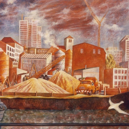 Ein Werk von Petra Flemming: Aufbau an der Spree, 1970. Mischtechnik auf Hartfaserplatte, 60 x 80 cm. Aus dem Nachlass der Kuenstlerin. Das Bild ist in Orangetönen gehalten und es sind Fabrik- bzw. Werksgebäude zu sehen.